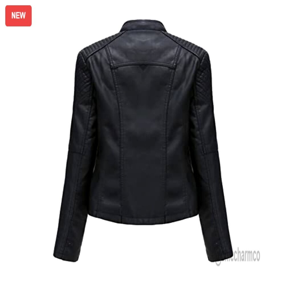 Faux Leather Moto Jacket Short Biker Coat with Pockets - Picture 4 of 7